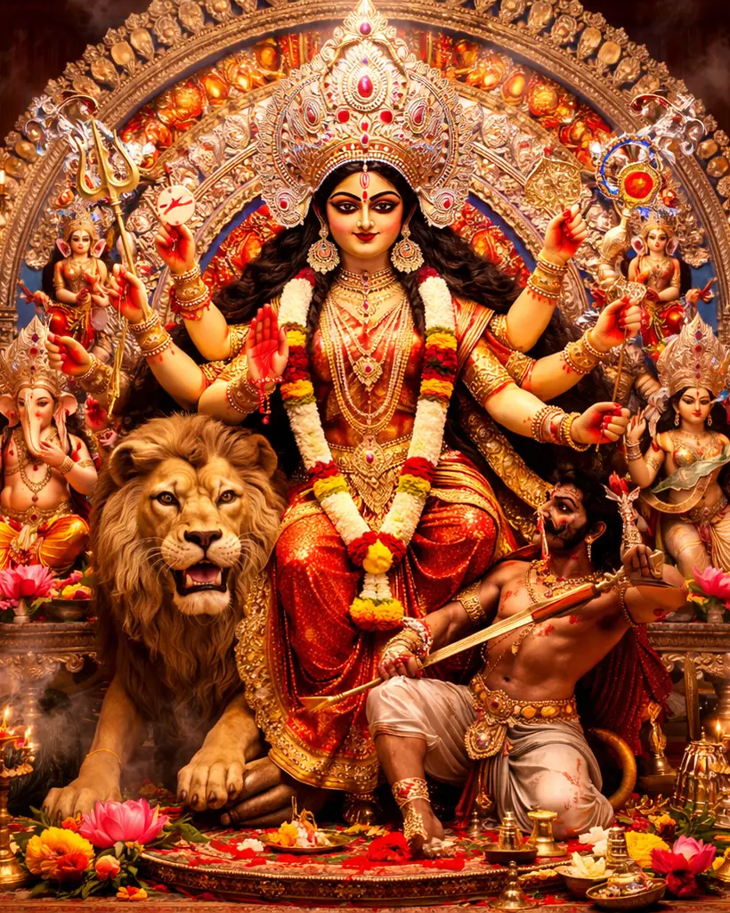 A Durga Puja idol: Maa Durga on her lion with Mahishasura at her feet, Ganesh, Lakshmi, Saraswati and Kartik beside her, beneath a carved chalchitra arch.