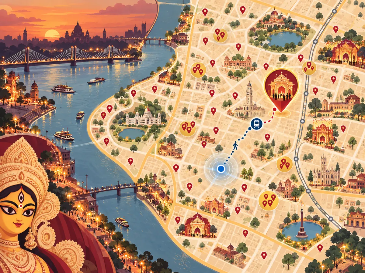 An illustrated map of Kolkata at dusk: the Hooghly and Howrah Bridge on one side, pandal pins clustered across the city, and a dotted walk from your location to the nearest metro and a highlighted pandal.