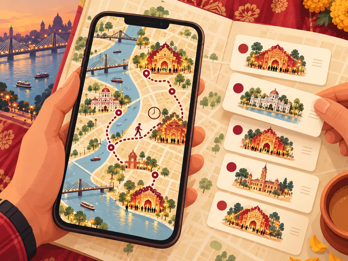 A phone showing a dotted walking route between pandals on a map, beside a stack of stop cards being reordered by hand.