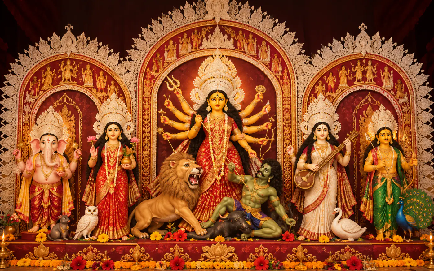 A teen chala pratima: three carved arches over Durga's family. From left to right, Ganesh with his mouse and Lakshmi with her owl; Durga with ten arms in the tall centre arch, her lion attacking Mahishasura at her feet; then Saraswati with her swan and Kartik with his peacock.